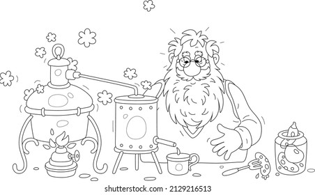 Funny old bearded scientist chemist making homemade wine spirit in his alcohol machine in merry experiment in a kitchen, black and white outline vector cartoon illustration