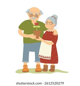 Funny  old couple with plant. Smiling grandparents together holding a pot with flower, they are gardeners. Happy family,  cute cartoon character, hand drawn vector illustration, isolated. Flat design.