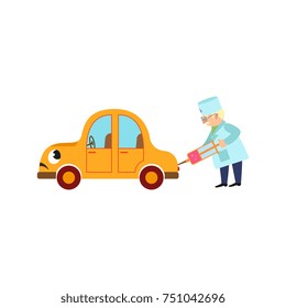 Funny old doctor making injection to sick car character, auto service concept, cartoon vector illustration isolated on white background. Cartoon doctor making injection for a car character, mascot