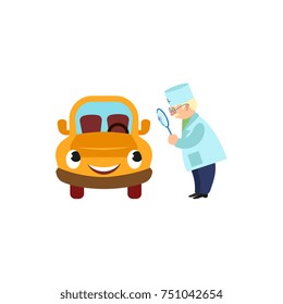 Funny old doctor making visual inspection, examination of car character through giant magnifying glass, cartoon vector illustration isolated on white background. Cartoon doctor and funny car character