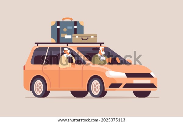 funny old family\
driving in car on weekly holiday senior travelers couple traveling\
by active old age\
concept