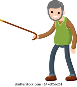 Funny old man with a cane. Active Lifestyle and recreation grandfather. Cartoon flat illustration. Senior point direction