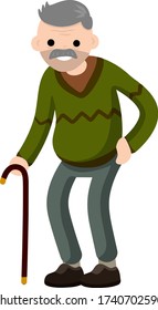 Funny old man with cane. Cartoon flat illustration. Senior and Active Lifestyle, recreation grandfather