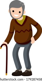 Funny old man with cane. Cartoon flat illustration. Senior and Active Lifestyle, recreation grandfather