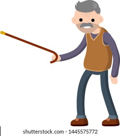 Funny old man with a cane. Senior point direction. Active Lifestyle and recreation grandfather. Cartoon flat illustration/