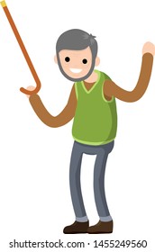 Funny old man with cane. Senior point direction. Active Lifestyle and recreation grandfather. Cartoon flat illustration. The gesture of raised hands up