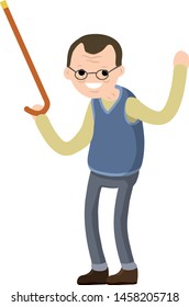 Funny old man with cane. Senior point direction. Active Lifestyle and recreation grandfather. Cartoon flat illustration. The gesture of raised hands up