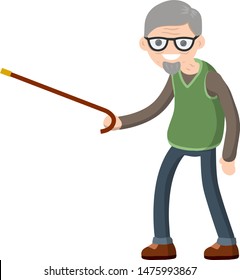 Funny old man with cane. Senior and Active Lifestyle, recreation grandfather. Cartoon flat illustration. 