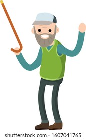 Funny old man with cane. Senior point direction. gesture of raised hands up. Active Lifestyle and recreation grandfather. Cartoon flat illustration