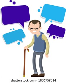 Funny old man with cane. Senior and Active Lifestyle, recreation grandfather. Flat cartoon Cloud text bubble dialog. Conversation and Talk.