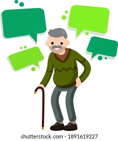 Funny old man with cane. Senior and Active Lifestyle, recreation grandfather. Flat cartoon Cloud text bubble dialog. Conversation and Talk.
