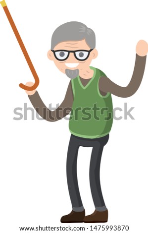 Funny old man with cane. Senior point direction. Active Lifestyle and recreation grandfather. Cartoon flat illustration. The gesture of raised hands up
