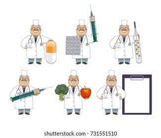 Funny old man doctor with giant syringe, pill, thermometer, medical card, apple, broccoli, flat vector illustration isolated on white background. Flat set of funny old doctor with huge medical objects