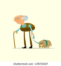  Funny old man with dog. Vector illustration.