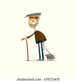  Funny Old Man With Dog. Vector Illustration.