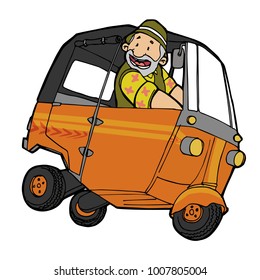 Funny Old Man Driving Indonesian Rickshaw Low View - Vector.