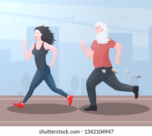 Funny old man (grandfather) runs for a beautiful running girl. Unnecessary pills fall from the pocket. Vector illustration.