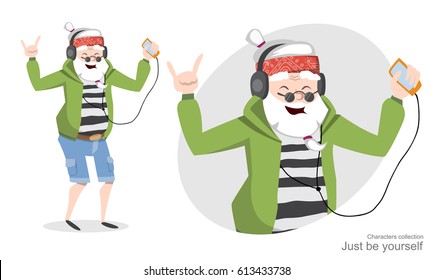 Funny old man in headphones listening music on your mobile phone and dances. Cheerful pensioner. Happy retirement. Positive perception.