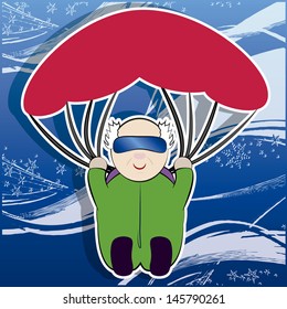 funny old man with red parachute falling in green uniform and dark glasses, blue background.