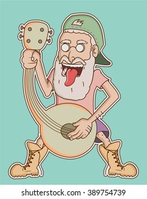 Funny old man singing at mandolin sticker/ Fully editable Eps10, Isolated.