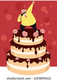 Funny Old Man Singing On Top Of A Tiered Birthday Or Retirement Party Cake, EPS 8 Vector Illustration