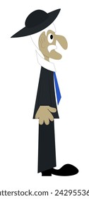 Funny old man standing wearing hat and jacket. Person character with hands in his pocket. Flat style vector illustration isolated on white background.