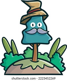 Funny old pine tree wearing witch hat cartoon illustration