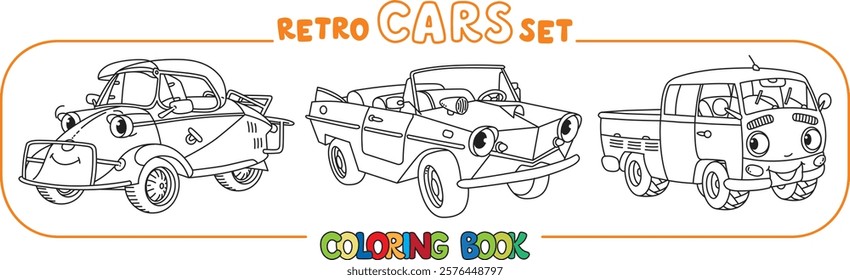 Funny old retro cars. Small funny vector cute vehicles with eyes and mouth. Children vector illustration. Coloring book set for kids