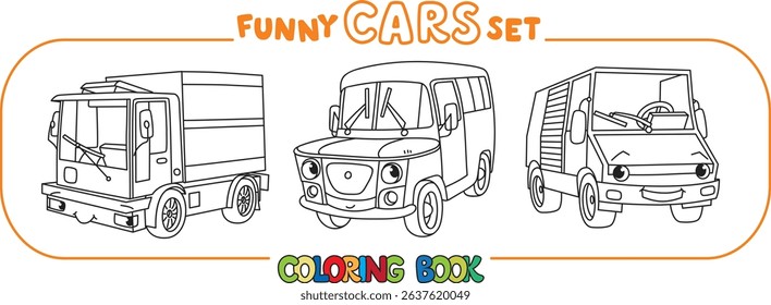 Funny old retro cars. Small funny vector cute vehicles with eyes and mouth. Children vector illustration. Coloring book set for kids