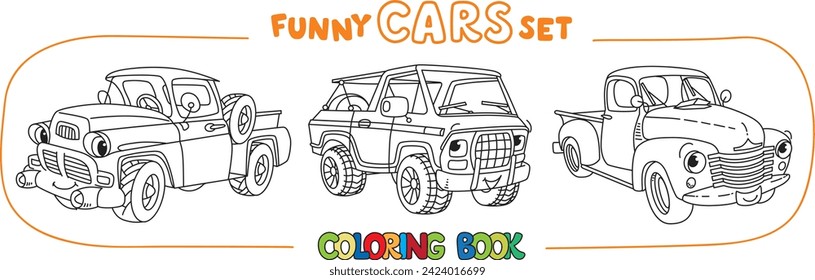 Funny autos antiguos de camioneta retro. Pequeños vehículos lindos vectoriales graciosos con ojos y boca. Ilustración vectorial infantil. Juego de libros de colores para niños