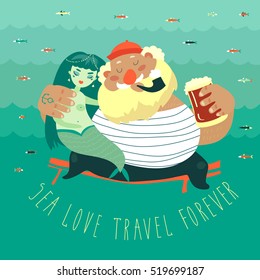 Funny old sailor with cute mermaid