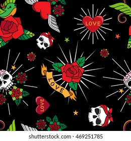 Funny old school tattoo seamless pattern. Tattooing vector background