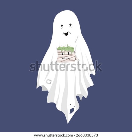 Funny old tattered sheet ghost with a bandaged head holding a mummy mug. Halloween design element, isolated vector illustration. Fall season aesthetic cute flat design.