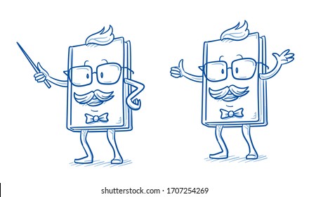 Funny old teacher cartoon book charachter. Mascot for kids and school. Hand drawn line art cartoon vector illustration.