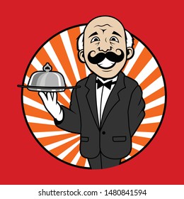 
Funny old waitress with a dish in hand