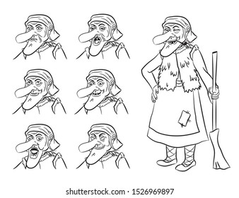 Funny old witch, Baba Yaga, character of Russian fairy tales, with a broom and a pipe, different facial expressions isolated on a white background.