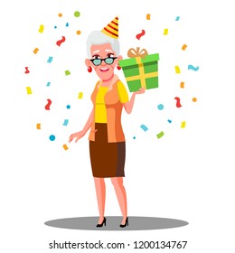 Funny Old Women Celebrate Birthday In Party Cap And Confetti Vector. Isolated Illustration