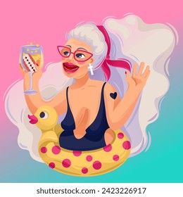 Funny Old Women. Cheerful old lady bathing in an inflatable duck and having fun. Funny cartoon illustration