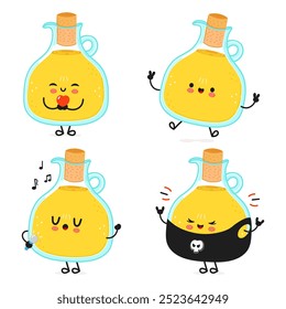 Funny Olive oil characters bundle set. Vector hand drawn doodle style cartoon character illustration icon design. Cute Olive oil mascot character collection