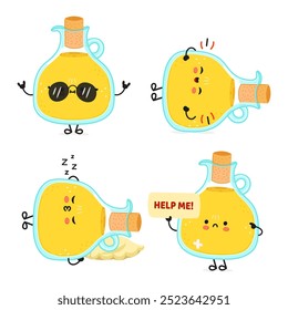 Funny Olive oil characters bundle set. Vector hand drawn doodle style cartoon character illustration icon design. Cute Olive oil mascot character collection
