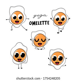 Funny Omelette Character In Yoga Poses. Cartoon Childish Illustration Of Fried Egg. Healthy Summer Food.