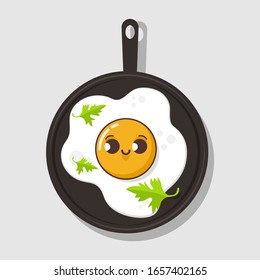 Funny omelette cute character. Fried egg logo template. Morning breakfast vector design. Fast food and rosemary logotype. Design for print, emblem, t-shirt, party decoration, sticker, logotype