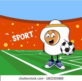Funny omelette sport character design. Fotball player on the stadium with soccer ball in hand. Sporty fried egg design for package. Trendy food illustration for animation
