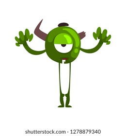 Funny one eyed green monster, horned fabulous creature cartoon character vector Illustration