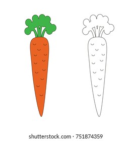 Funny One Single Carrot cartoon. Outlined illustration with thin line black stroke, the colorless and colorful versions.