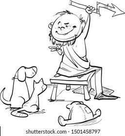 Funny one-color drawing of a boy pretending to be god. 