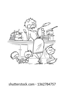 Funny one-color drawing mother among dirty dishes and crying children reads a message on the smartphone.