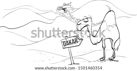 Funny one-color drawing of a neutral camel during a rally in the desert. 
