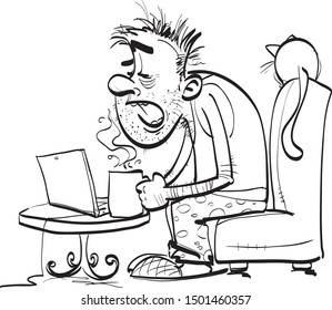 Funny one-color drawing of a sleepy guy drinking coffee in an armchair. 