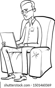 Funny one-color drawing of a young guy writes on the computer. 